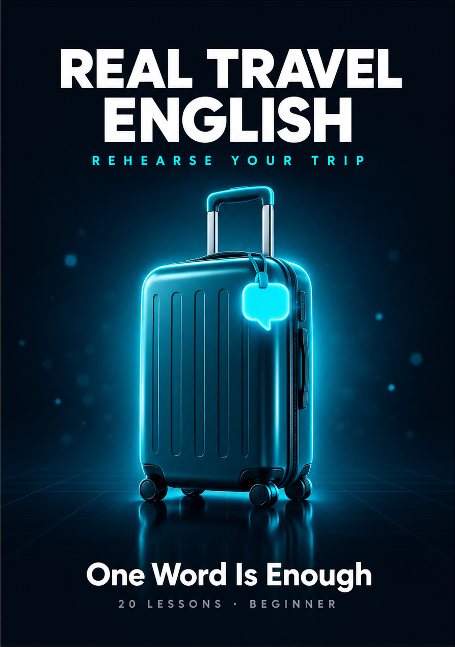 엔토영어 여행영어 교재 ENTOR Real Travel English 표지 — Rehearse Your Trip, One Word Is Enough, 20 Lessons Beginner